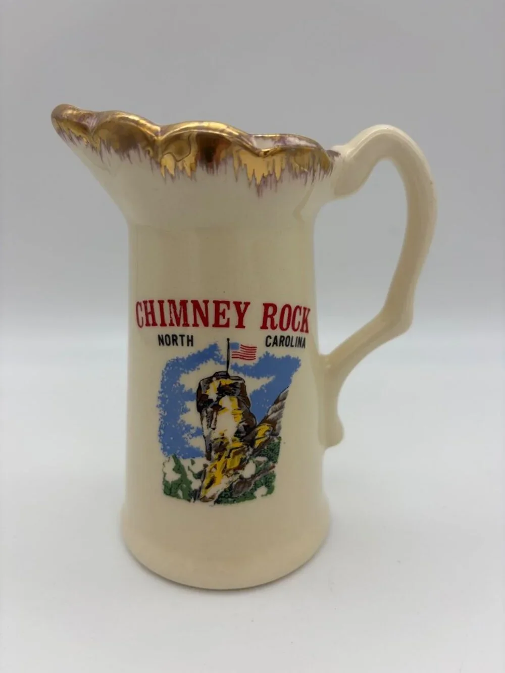 Vintage Chimney Rock North Carolina Souvenir Pitcher Ceramic Gold Trim 5 Inch NC